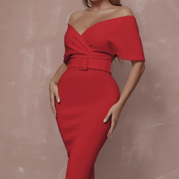 Surplice Neck Off Shoulder Backless Front Buckle Belted Cocktail Party Dress - Picture 3 of 5